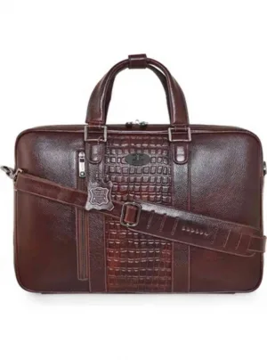 Executive Brown Leather Briefcase — Textured Croc Center Panel