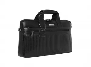 Black Ribbed Leather Briefcase - Laptop Bag