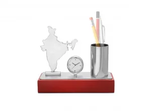 India Map Desk Organizer — Desktop Clock & Pen Holder