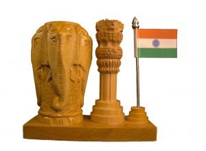 Handcrafted Wooden Desk Showpiece — Elephant Carving, Ashoka Stambh & Indian Flag