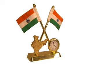 Crossed Indian Flags Desk Display — Map of India & Clock