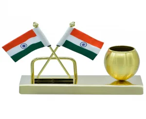 Gold Pen Stand with Crossed Indian Flags