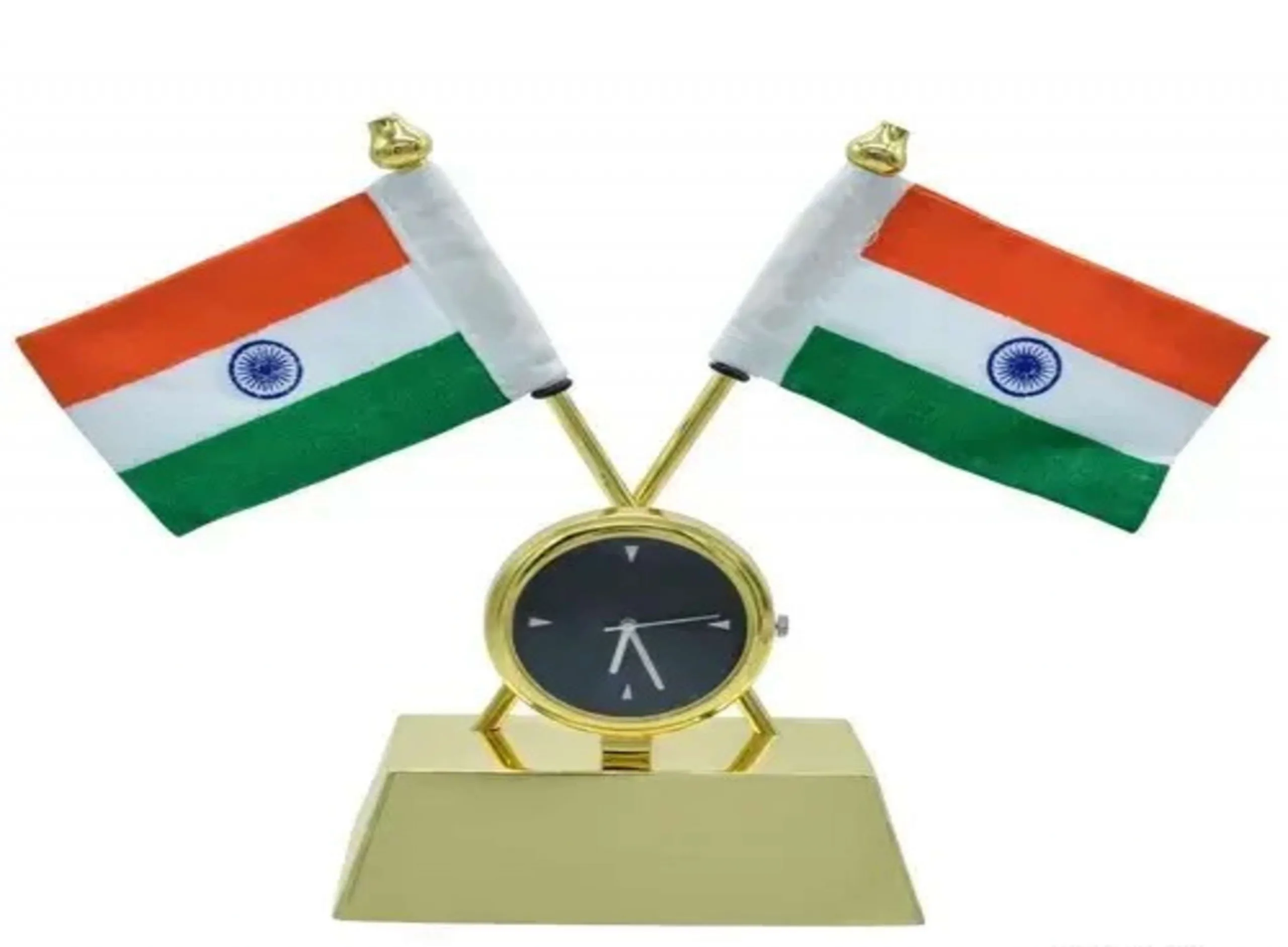 Crossed Indian Flags Desk Clock — Twin Table Flags with Clock