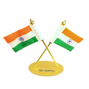 Crossed Indian Flags Desk & Car Set —  “Vande Mataram” Base
