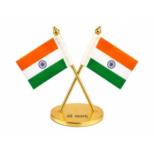 Crossed Indian Flags Desk & Car Set —  “Vande Mataram” Base