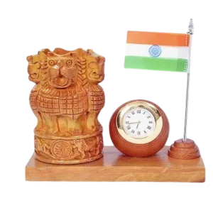 Ashok Stambh wooden pen stand with clock